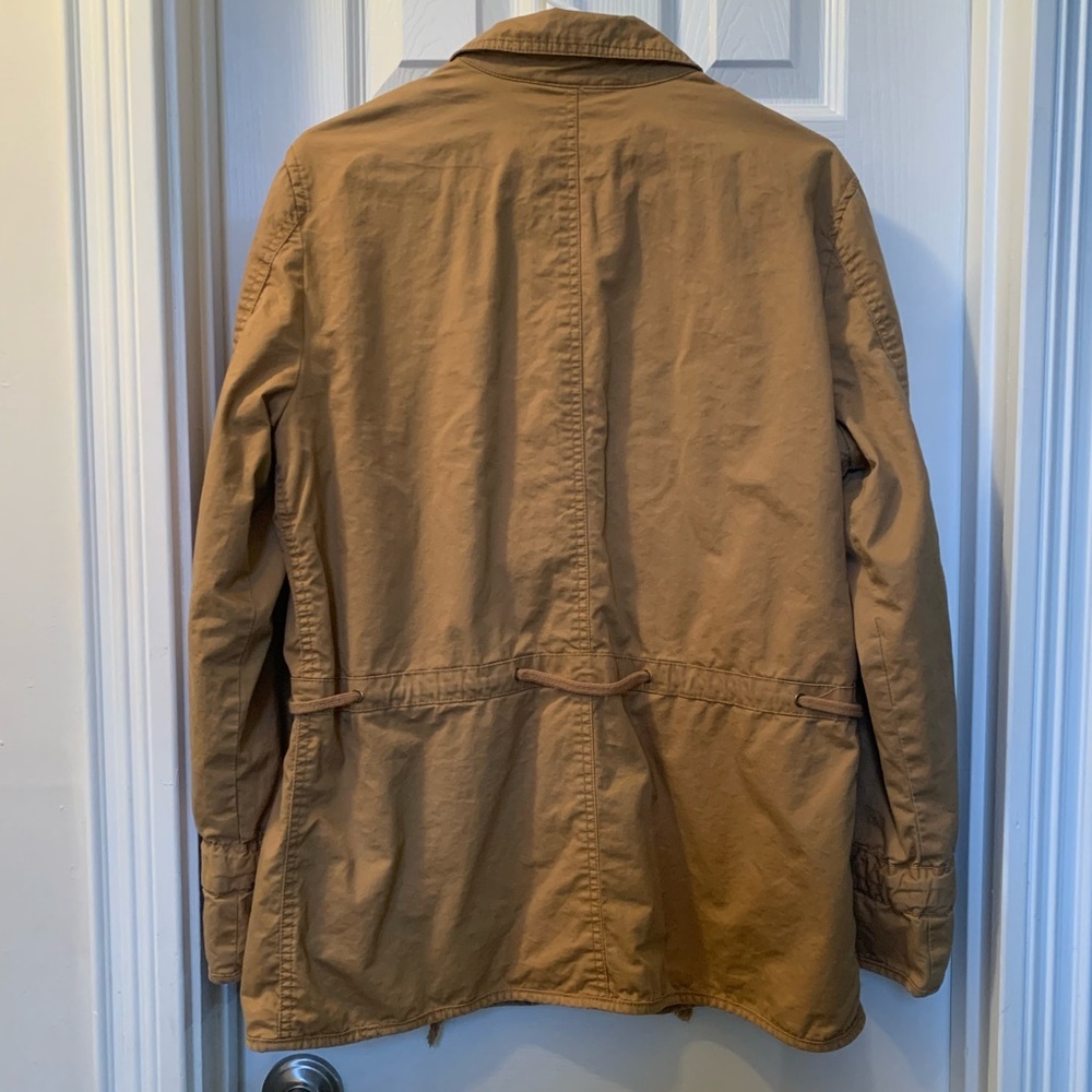 Laura Scott chore coat ladies Size LG tan/gold adjustable waist zipper & button - Picture 5 of 10